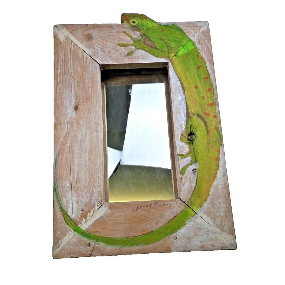 Vtg Hand Carved Painted Wood Mirror Lizard Signed Gecko Chamelon Artisan 1987